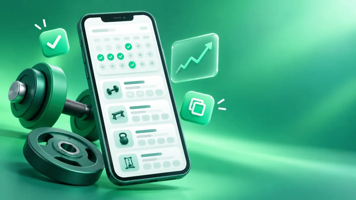 RepTally workout calendar and exercise log on a phone beside a dumbbell and weight plate