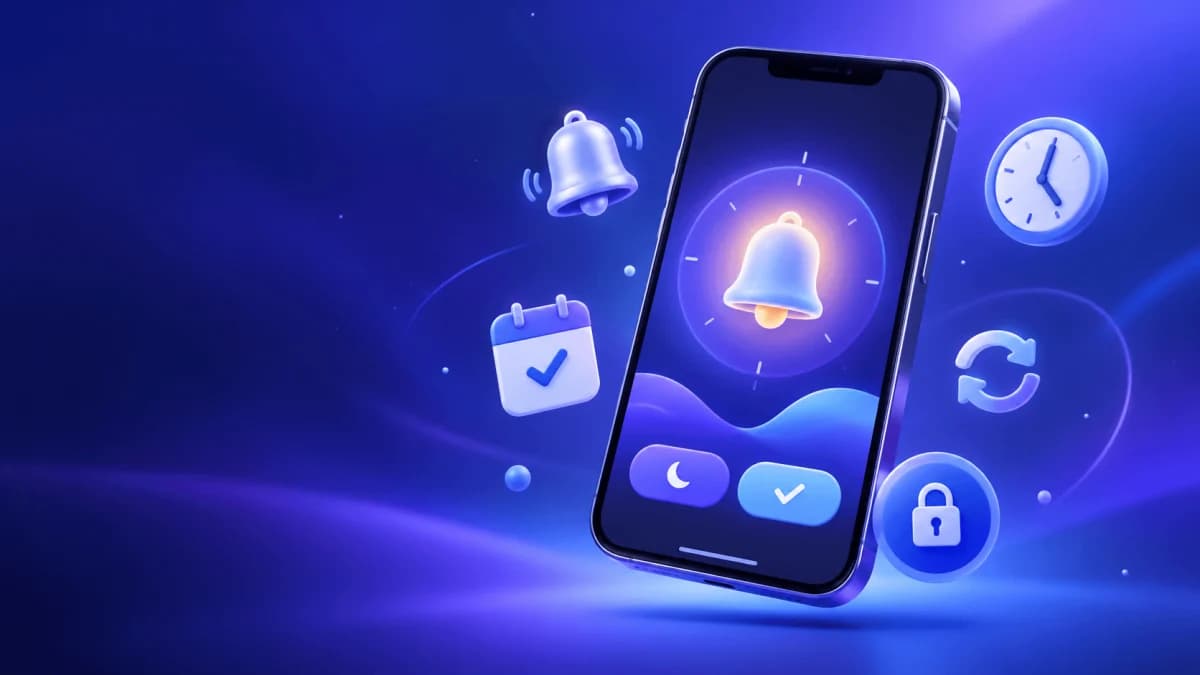Reminders Pro alarm screen on a phone, surrounded by bell, clock, calendar and lock icons